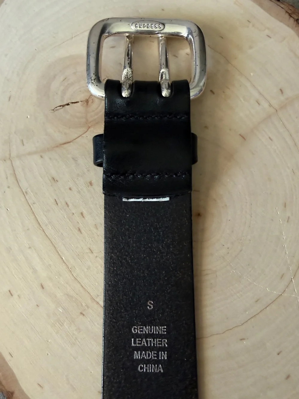 Express Black Leather Belt with Silver Double Prong Buckle Size S/30